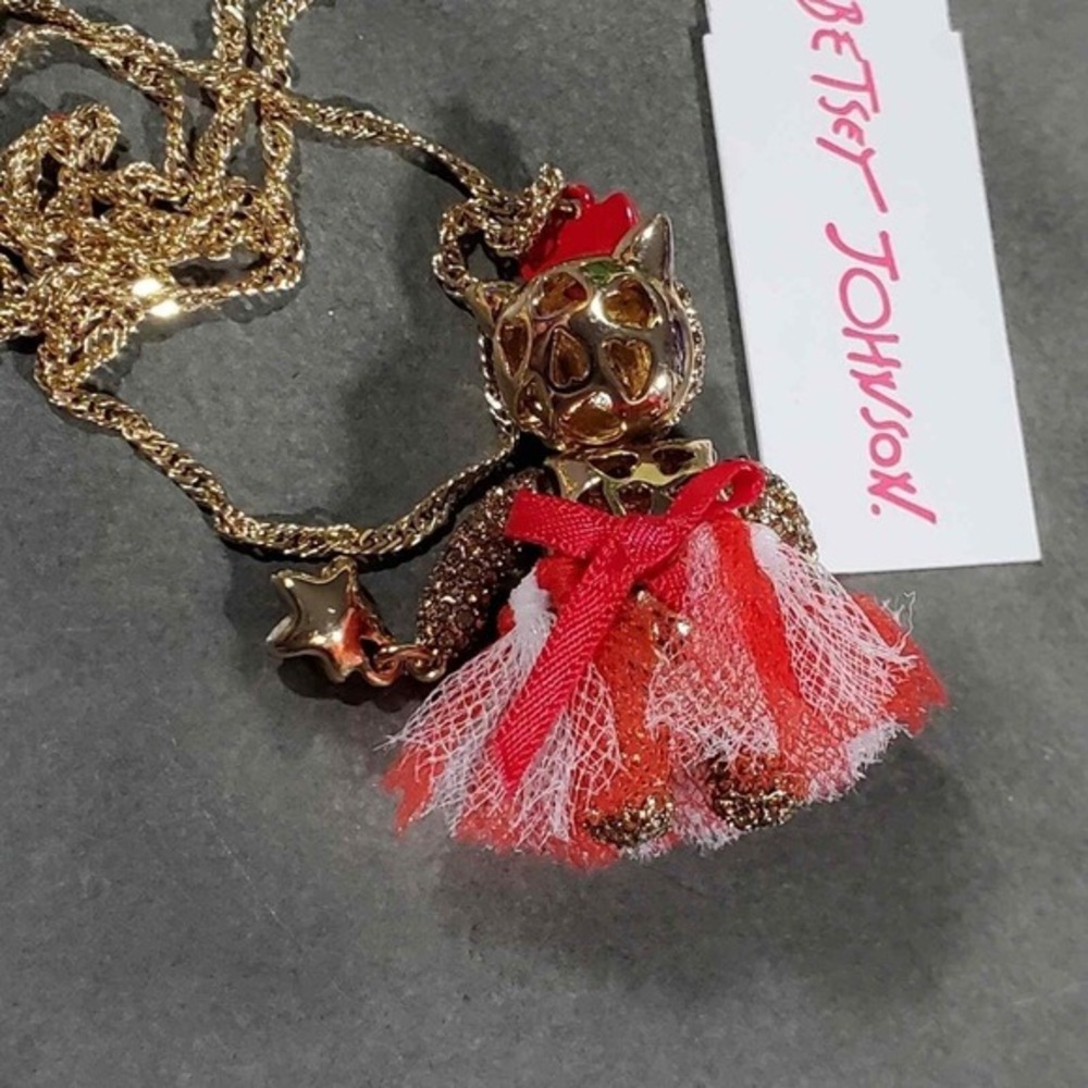 Betsey Johnson Gold‎ Tone Cat Charm Necklace Red White Blue Tutu Star New - Picture 7 of 10